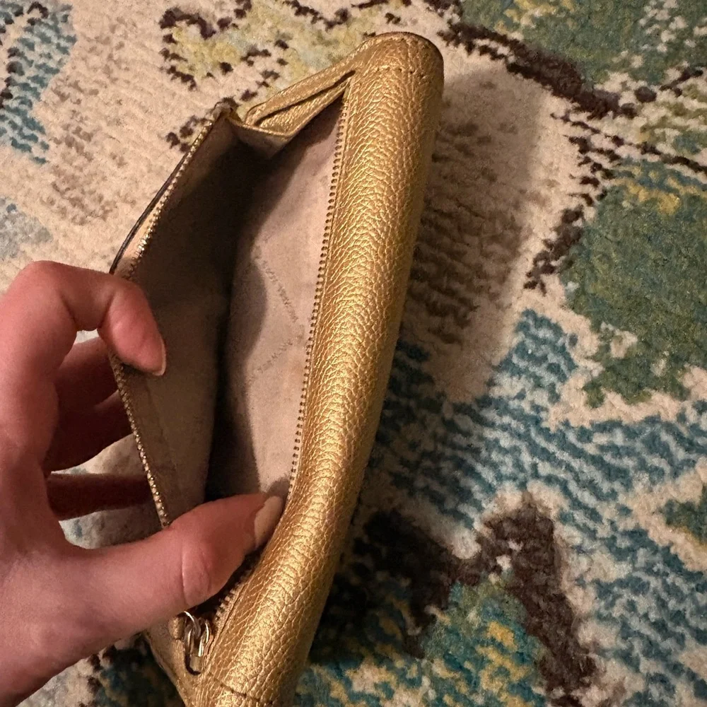 Michael Kors Gold Metallic‎ Leather Wallet Clutch Flap Snap Long Wallet